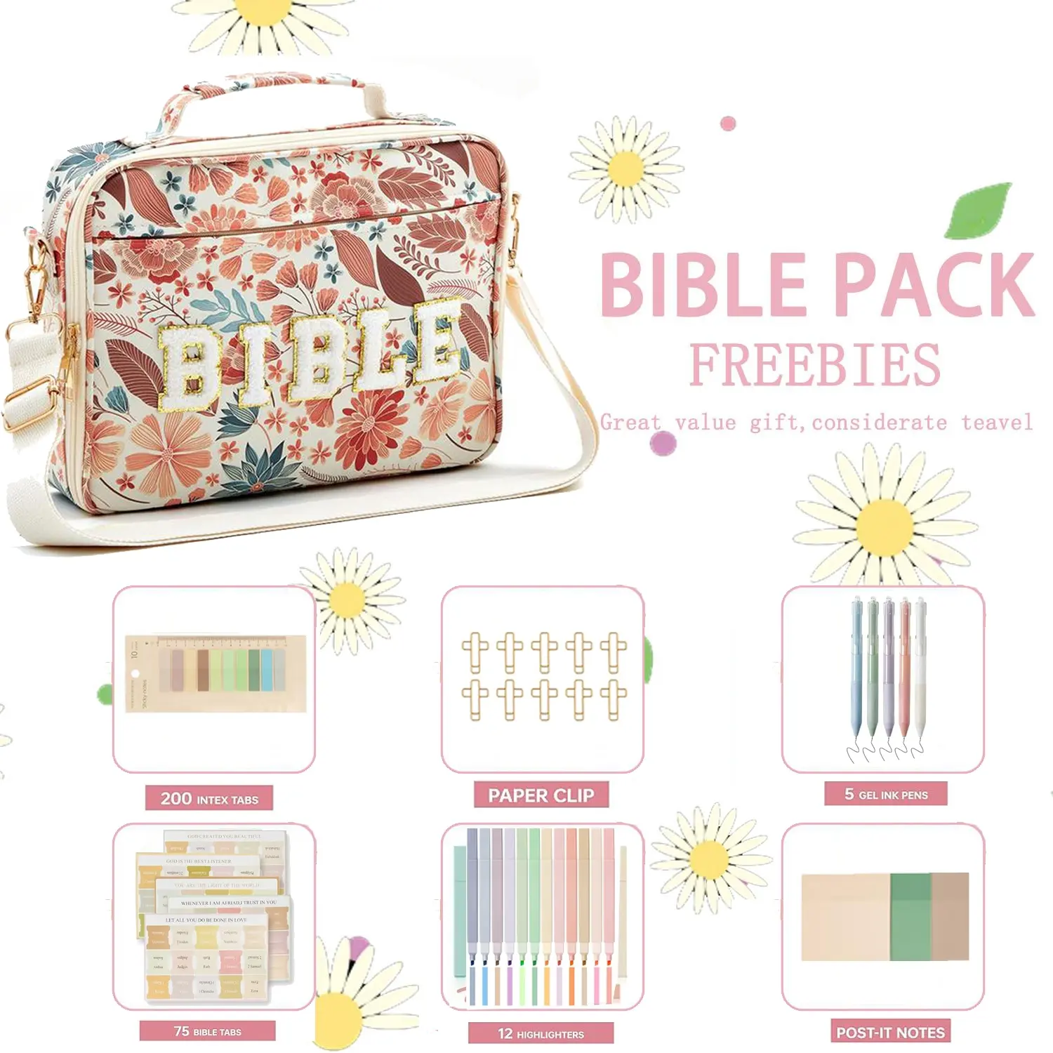 Women's Bible Cover Bag, Large Capacity Embroidered Letter Shoulder Storage Bag, Stylish Portable Organizer for Bibles & Books