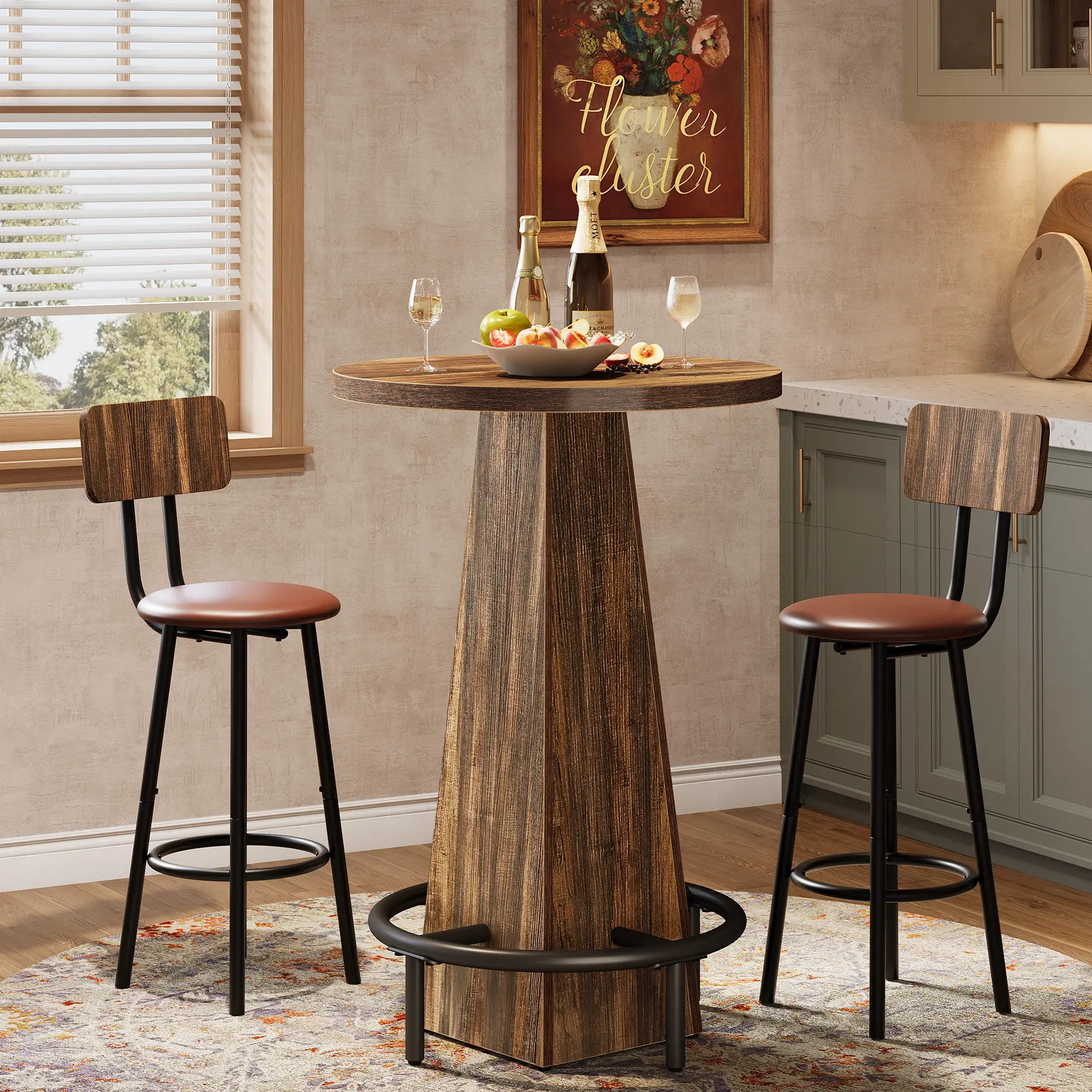LITTLE TREE Bar Table, 37.4" High Round Pub Table for Small Bars, Dining Room, Kitchen, Rustic Brown (Only Table)