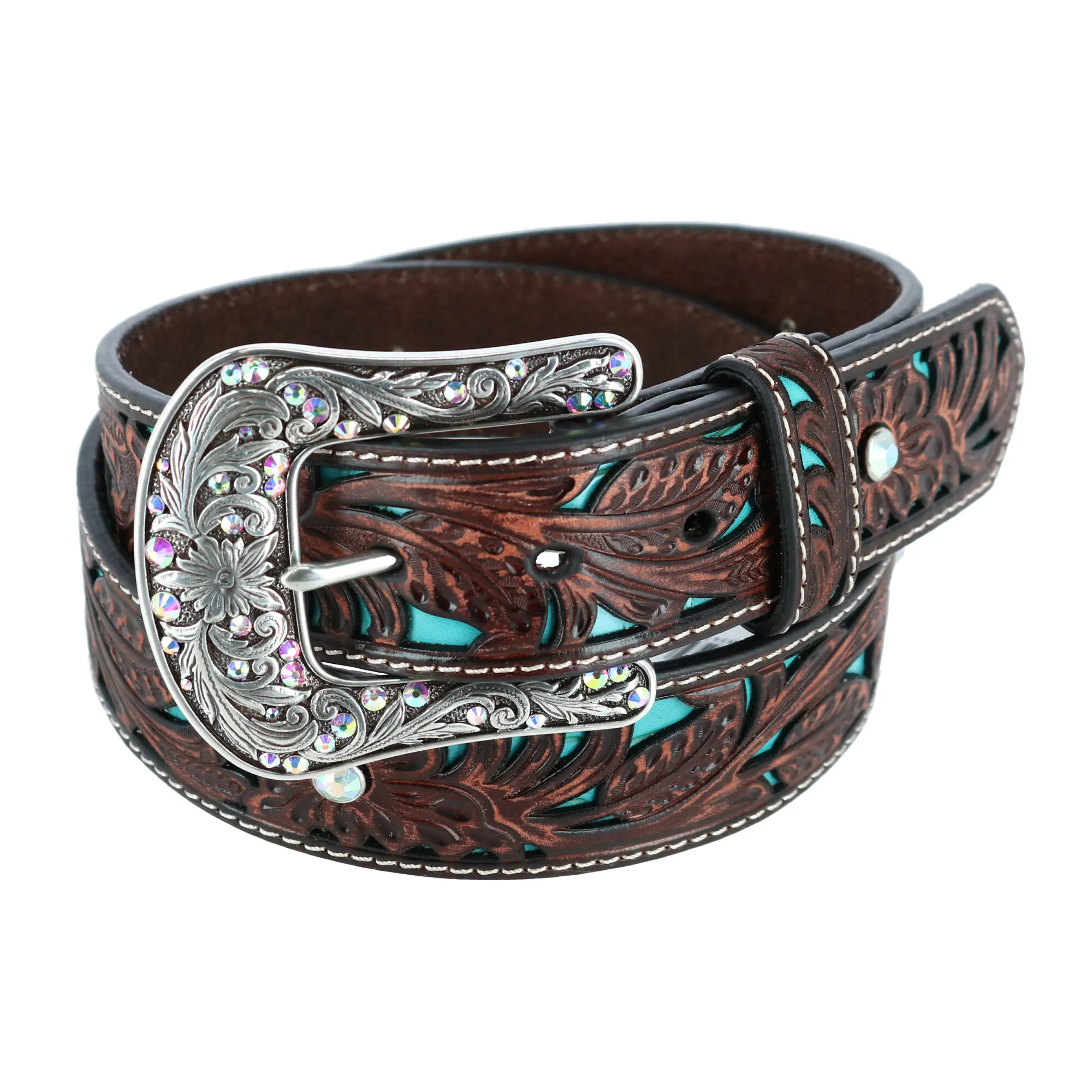 Ariat Women's Western Genuine Leather Casual Dress Belt with Rhinestone Studs, Cut Out Turquoise Inlays, and a Removable Buckle, Rhinestone Decorated Belt