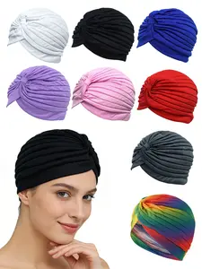 Women's Turban Cap Set,(8pcs) Fashionable Fold Design Cancer Chemotherapy Sleep Caps, Multicolor Hair Wrapping Hats, Turban Hijab, All-Season Fitted Headwear, Solid Color Turban