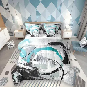 Teal Comforter Set,7 Piece Bed in a Bag,Gradient Black White Grey Cyan Abstract Ombre Bedding Sets,Brush Oil Painting Contemporary Sheet Set