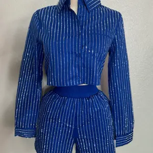 Blue Rhinestones Set - Super Stretchy True to Size Blue Striped Top and Matching Bottoms Set