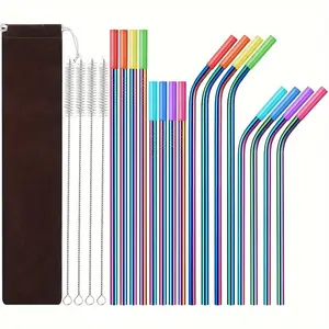37-piece Stainless steel 304 straws, Set Including 8 Straight Straws & 8 Bent Straws, Reusable Metal Straws with Cleaning Brush , Dishwasher Safe