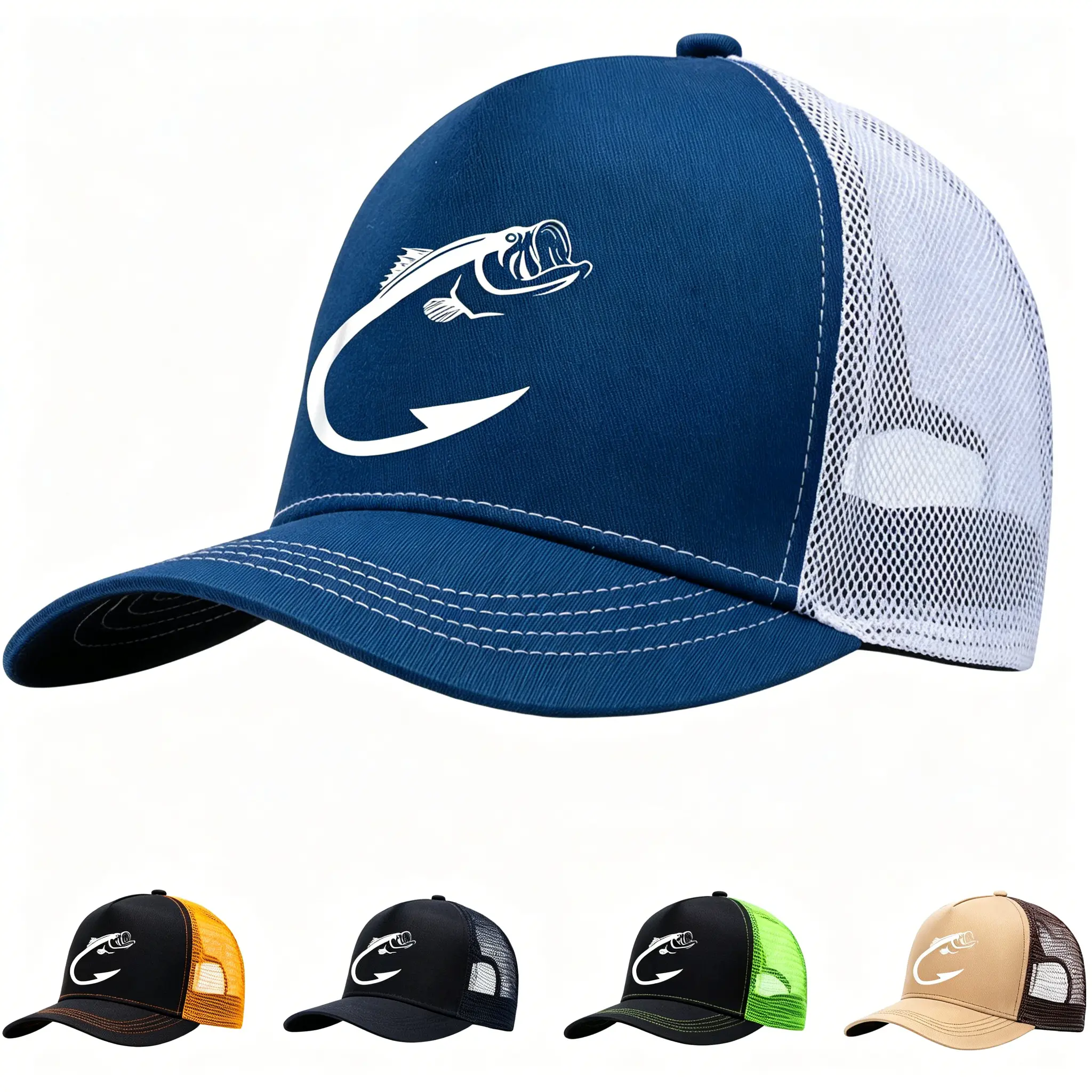 Angler Hat for Men & Women, Graphic Fish Hook Mesh Back Trucker Cap with Adjustable Snapback, Lightweight Cooling Baseball Cap for Fishing & Hiking, Uv Protection, Casual, Unisex, Sun Protection