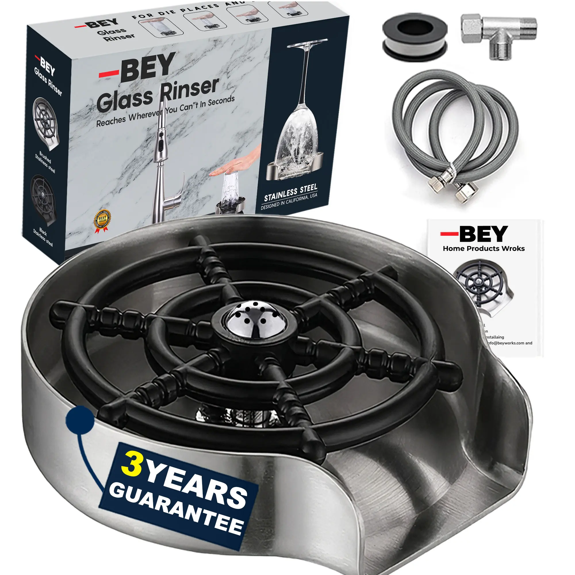 2025 BEY Automatic Glass Rinser - Powerful Cup Washer for Kitchen Sink, Stainless Steel Baby Bottle Cleaner Sinks Attachment, Bar Accessories Spray Metal