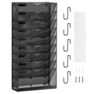 【Summervibes】VEVOR Hanging Wall Files Organizer, 10-Tier Vertical Wall File Holder, Metal Wall Mounted Magazine Mail Paper Document Storage Folder, with Nametag Label, Bottom Flat Tray, for Office Home & School