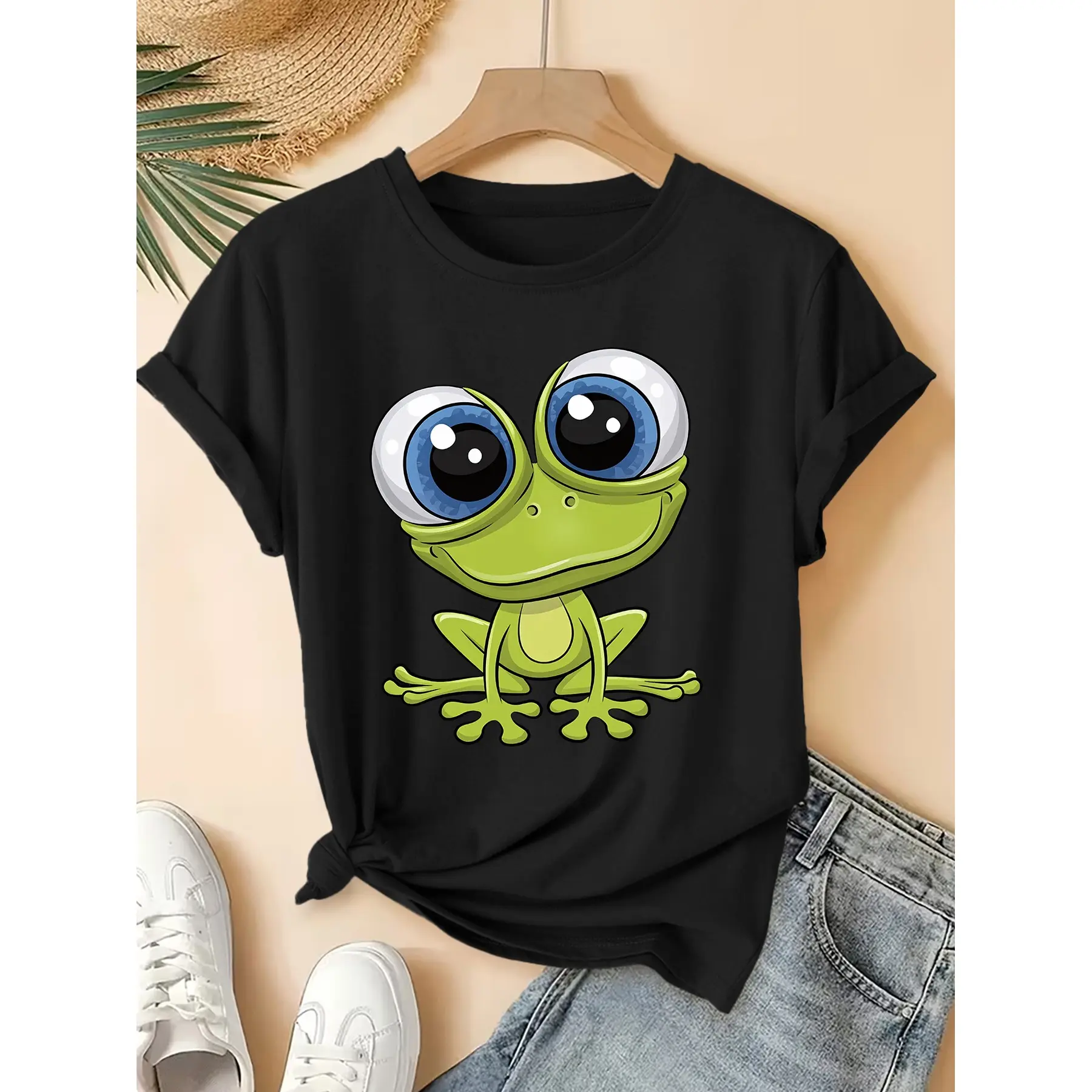 [Vintage Frog Print] Women's T-Shirt with Vintage,unisex soft cotton short sleeve t shirt, vintage graphic casual tee for men women teens, perfect birthday holiday gift for camping travel gym daily street  wear