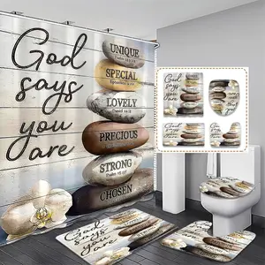 Creative Religious Inspirational Bath Shower Curtain Set, God Says You Are Theme, Precious, Strong, Chosen, Includes 12 Plastic Hooks, Non-Slip Mat, Toilet Lid Pad