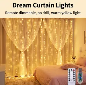 Dream Curtain Lights No Drill Warm Yellow LED Fairy Lights with Remote Control for Home Decor USB Powered 8 Modes Adjustable Brightness