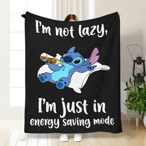 DISNEY CLASSIC Stitch Flannel Blanket - "I'm Not Lazy, I'm Just in Energy Saving Mode" Funny Printed Design, Soft & Cozy Polyester Throw for Bed, Sofa, Travel - Ideal Gift for Halloween, Christmas, Thanksgiving, Birthdays, Stitch Room Decor