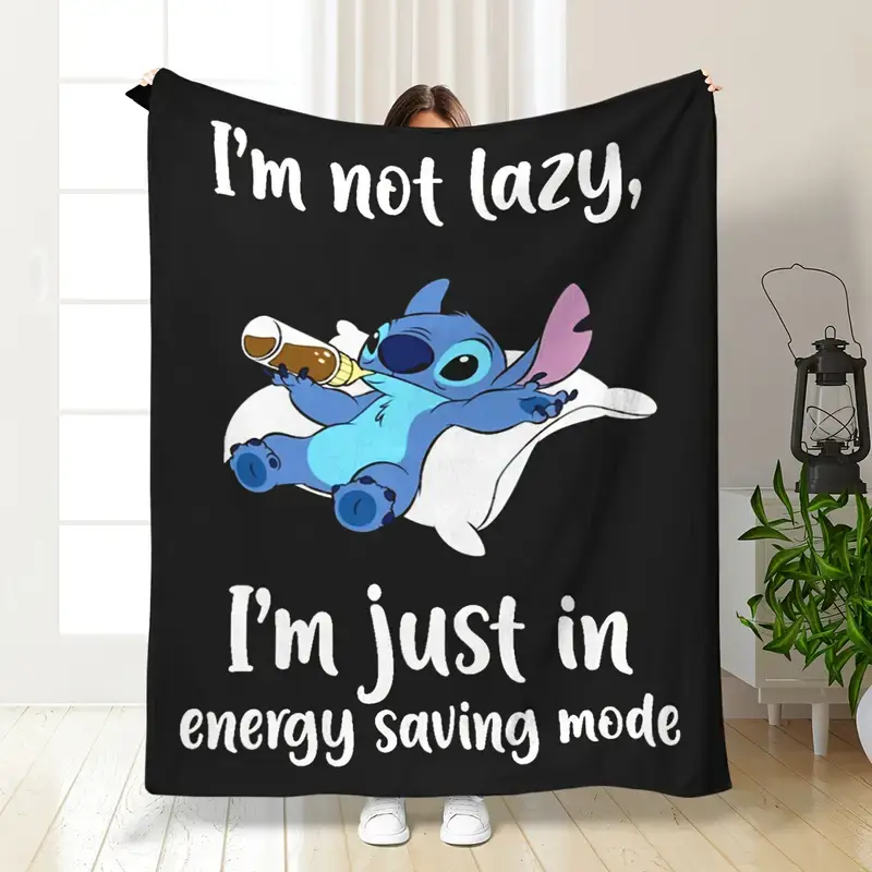 DISNEY Classic Stitch Flannel Character-Themed Blanket - Funny Prints "I'm Not Lazy, I'm Just in Energy Saving Mode", Soft Cozy Polyester Throw for Home Snuggles, Bed, Sofa - Ideal Gift for Halloween, Christmas, Stitch Room Decor