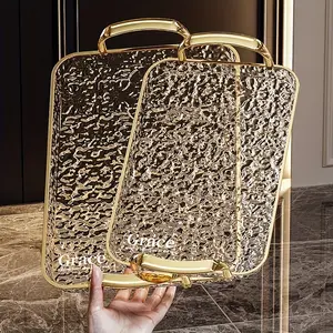 3 Piece Transparent Gold Rim Rectangular Tray Set Large Medium Small Size with Handles PTE Material for Fruit Dessert Pastry Party Festival Dining E52 Dessert Serving Trays