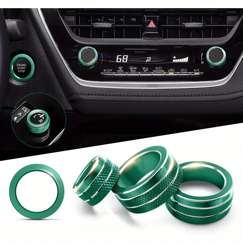 4pcs Aluminum Alloy AC Vent Knob Covers & Push Start Button Trim Rings - Green Car Interior Accessories for Toyota Corolla & Corolla Cross 2025-2022 Models, Tool-Free Snap-On Installation, No Battery Needed, Vehicle Customization, Sleek Metallic Finish, T
