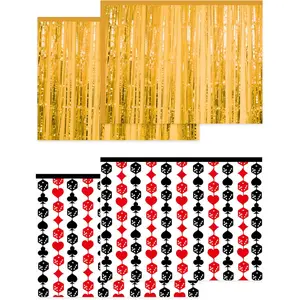 4 count  Theme Party Decorations -  Night Backdrop, Black and Red Fringe Curtains  Metallic Tinsel Streamers, Vegas Birthday Photo Booth, Card  Bachelorette Supplies