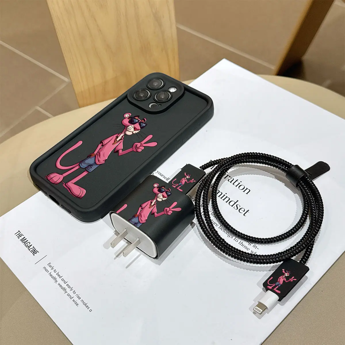 6 Piece Set Creative Cartoon Panther Phone Case, Charger Head Cover, Cable Protector, Storage Rope, Data Line Wrap, Tpu Shockproof