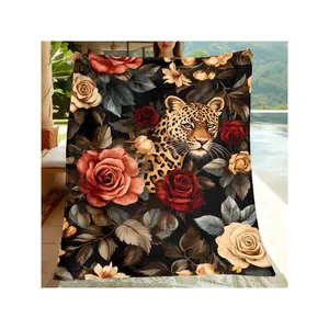 Exotic Leopard & Vibrant Floral Roses Black Throw Blanket, Soft Cozy Decorative Blanket for Home