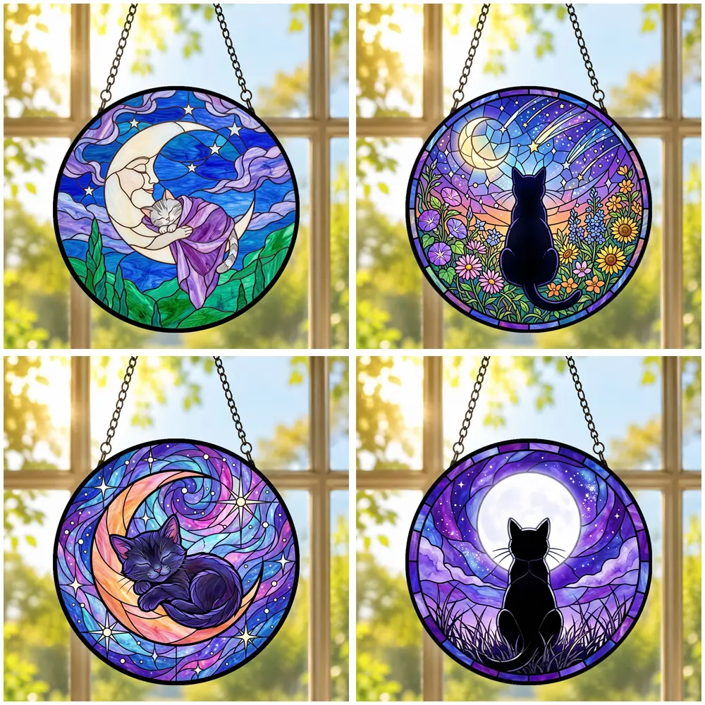 Starry Night Cat Stained Glass Decoration - Magical Colorful Light Hangable Suncatcher, Crescent Moon Cat Celestial Window Ornament, Witchy Room Decor, Birthday Gift for Her