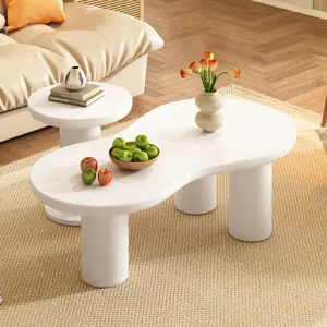 2-Piece Easy-Assembly Nesting Set - Cream Cloud-Style Irregular Center Piece (39.3''x13.7'') with Thick Legs & 15.7'' Round White Side Coffee Table for Living Room