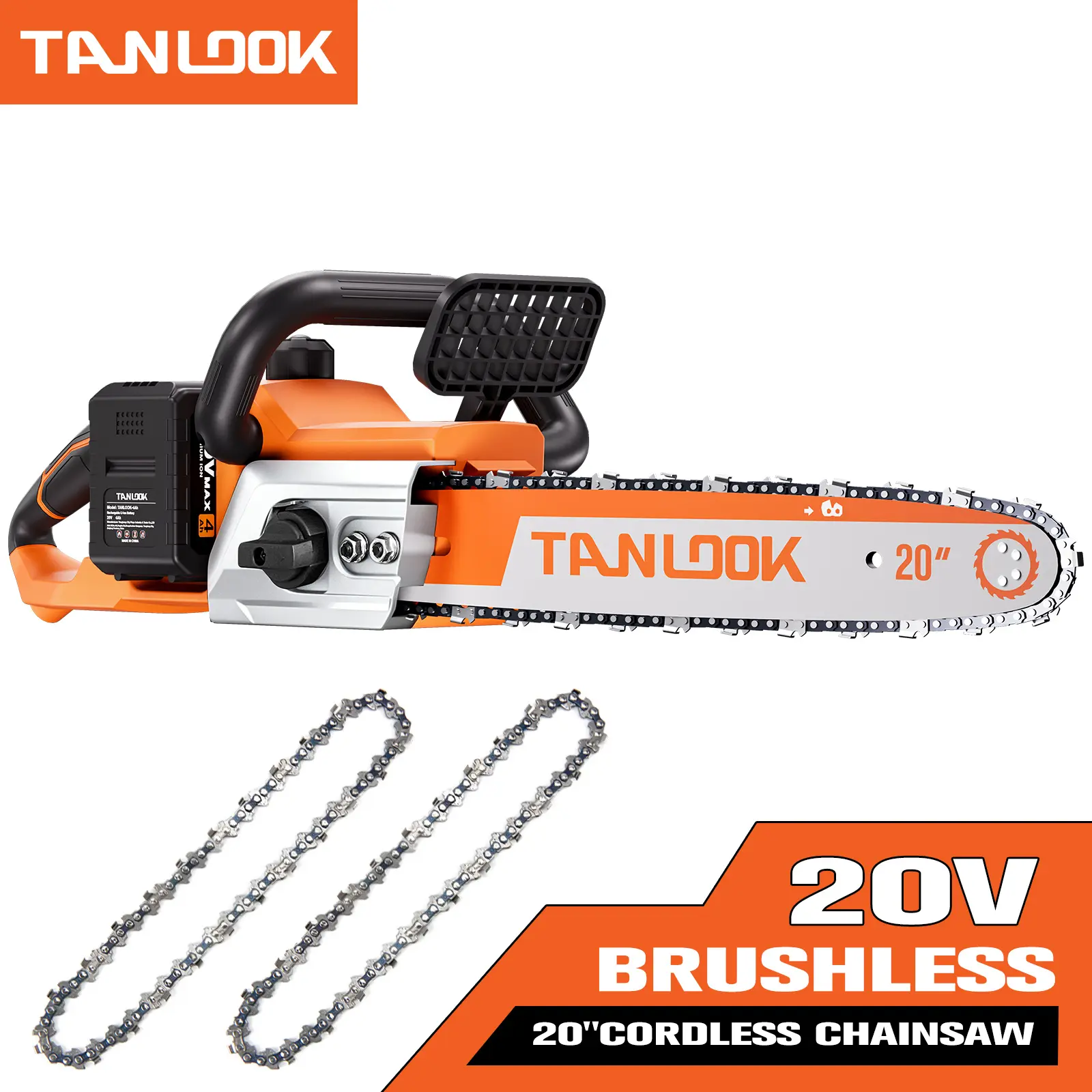Tanlook 20-Inch Brushless Cordless Chainsaw with Brushless Power, Cordless Freedom, 4Ah Li-Ion Batteries (2 Rechargeable), Fast Charger, Efficiency & Ease of Use, Wood Cutting Tool for Tree Felling, Garden Tasks