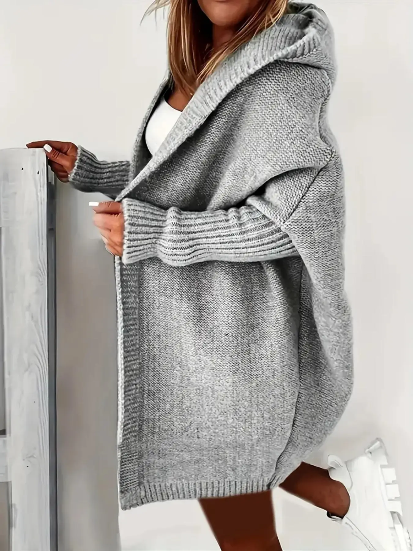 Women's Long Sleeve Hooded Cardigan, Cardigans for Women, Casual Everyday Basic Solid Color Batwing Sleeve Outerwear, Women's Clothing for Fall & Winter, Elegance Cozy Knitwear, Knitted Cardigan Sweater, Lady