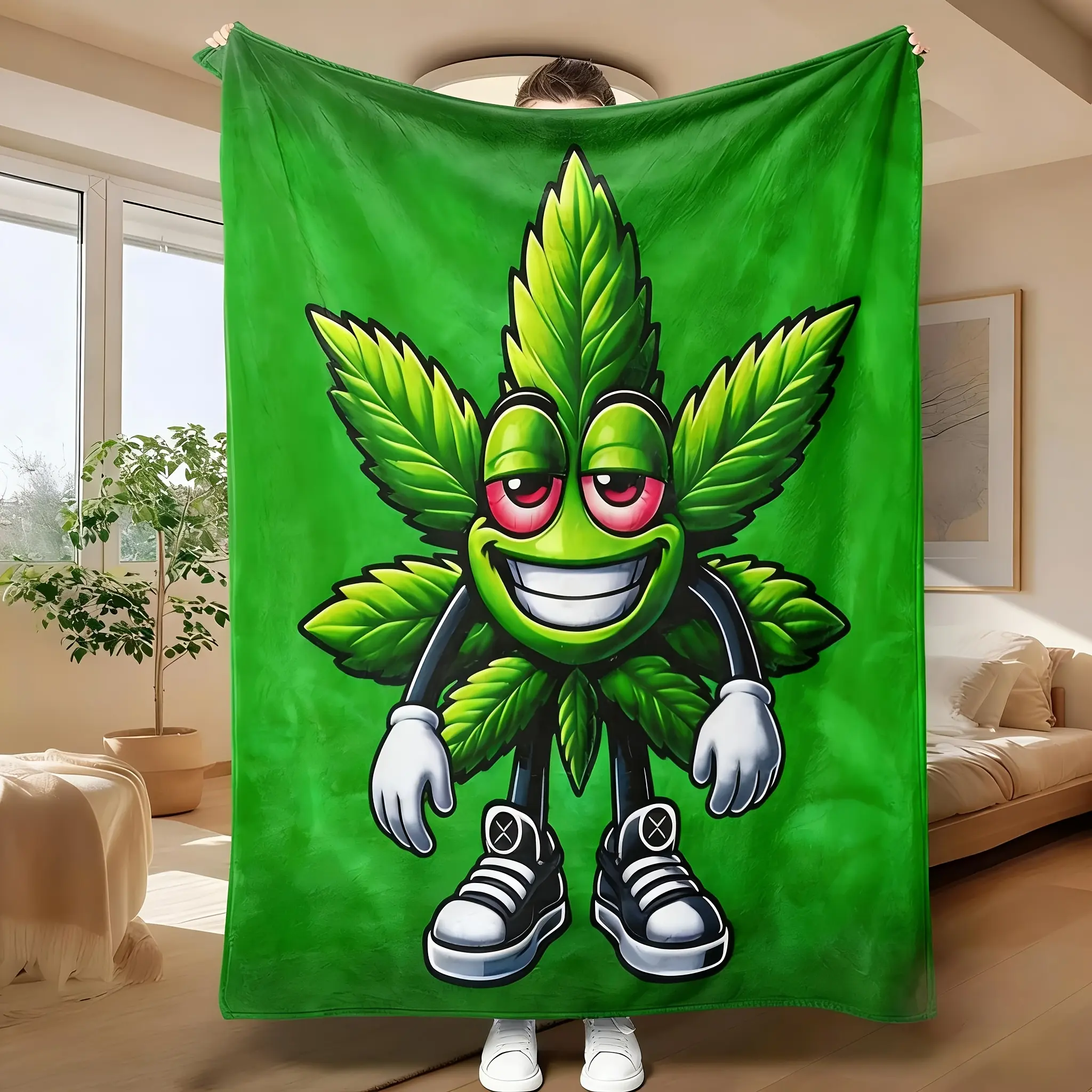 1pc Ultra-Soft Polyester Fabric Themed Throw Blanket, Smiling Leaf Weed Characters, Green Black Marijuana Leaf Patterns, Single-Sided Printing, Multi-Size, All-Season Cozy Plush Flannel, Home & Travel Use for Bed Couch