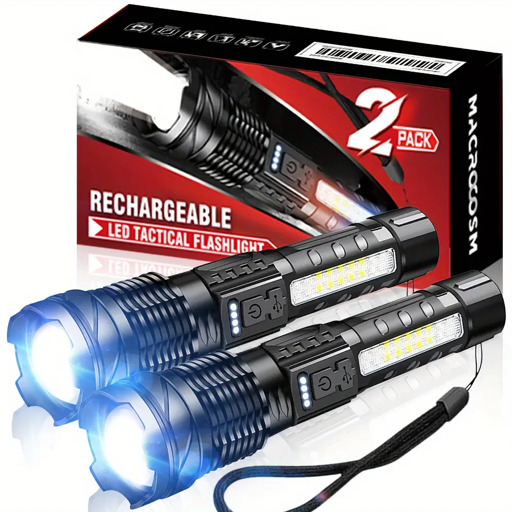 1PC/2PCs High Brightness Flashlight, 4000 Lumen, Zoomable Zoom Flashlight, Rechargeable Lithium Battery, Aluminum Alloy Material, 7 Modes, Suitable for Emergency Situations, Camping Equipment, Hiking, Climbing Camping, Etc.