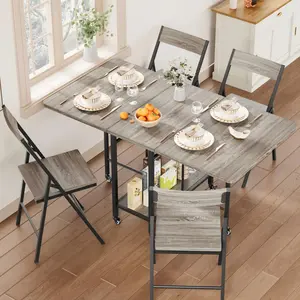 Dining Table Set for 4,Foldable Dining Table with 4 Foldable Chairs, Rectangle Space Saver Table and Chairs Set with Swivel Wheels, for Small Space,Apartment,Kitchen,Dining Room, Grey