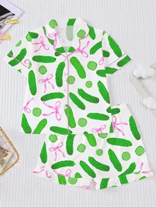 Cucumber Bow Print Short Sleeve Pajama Set, Casual Cartoon Sleepwear, Fire Retardant Button Front Shirt & Shorts, All Seasons