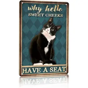 Funny Tuxedo Cat Bathroom Sign Why Hello Sweet Cheeks  Aluminum Sign for Bathroom Toilet Wall Decor 12 x 8 Inch Vintage Metal Sign Vintage Plaque Decor
