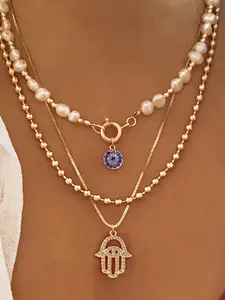 Vintage Devil Eye Blue Diamond Lock Clasp Necklace, Elegant Necklace, Multi-Layer Beaded Chain, Zinc Alloy Metal Wind Palm Design, Casual Style, Trendy Jewelry, Fashionable Accessory, All Seasons