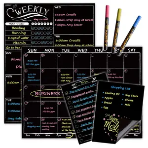 Magnetic Chalkboard Monthly Calendar - Weekly Planner Blackboard Combo Set w/Neon Bright Liquid Chalk Markers - Bonus Grocery List and Notepad Blackboard for Refrigerator Included