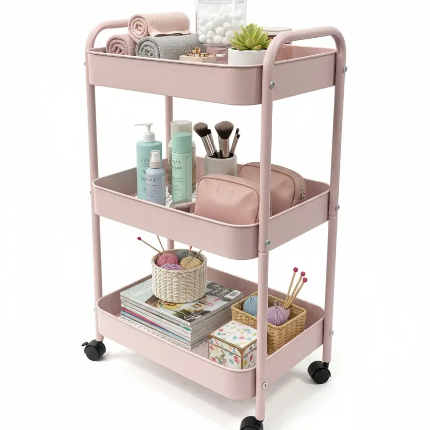[2026] 3-Tier Durable Metal Rolling Storage Cart with Baskets - Mobile Tool Organizer, Home Storage Rack with Wheels for Kitchen, Bathroom (Pink, White), Storage Organizer