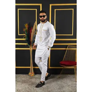 Luxury African Men’s 2 Piece Outfit, Embroidered Cotton Shirt & Pants: Wedding Attire Birthday Party Graduation
