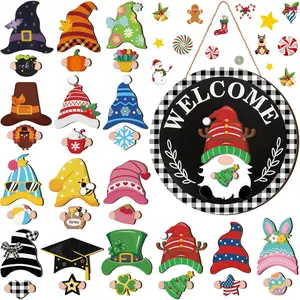 Interchangeable Wooden Gnome with Magnetic Hats and Changeable Sign for Entryway Display