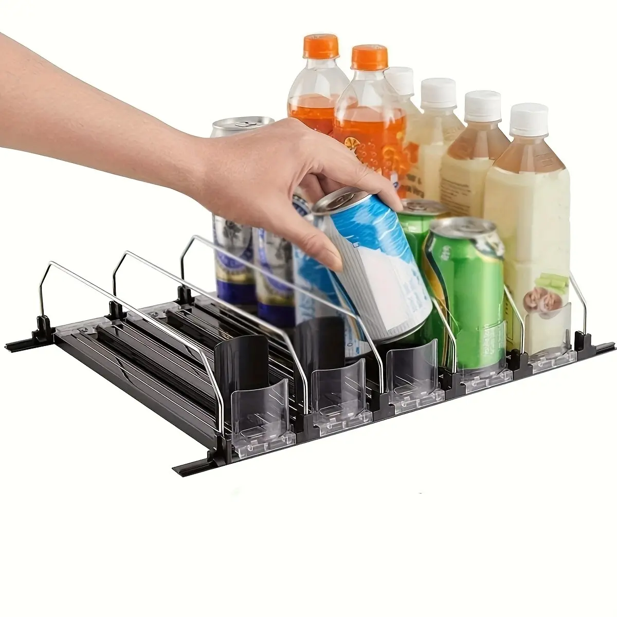 380mm Dual Rod Refrigerator Beverage Storage Rack Organiser, Automatic Pusher with Safety Sliding Mechanism, Adjustable Transparent Dividers, Beverage Organizer