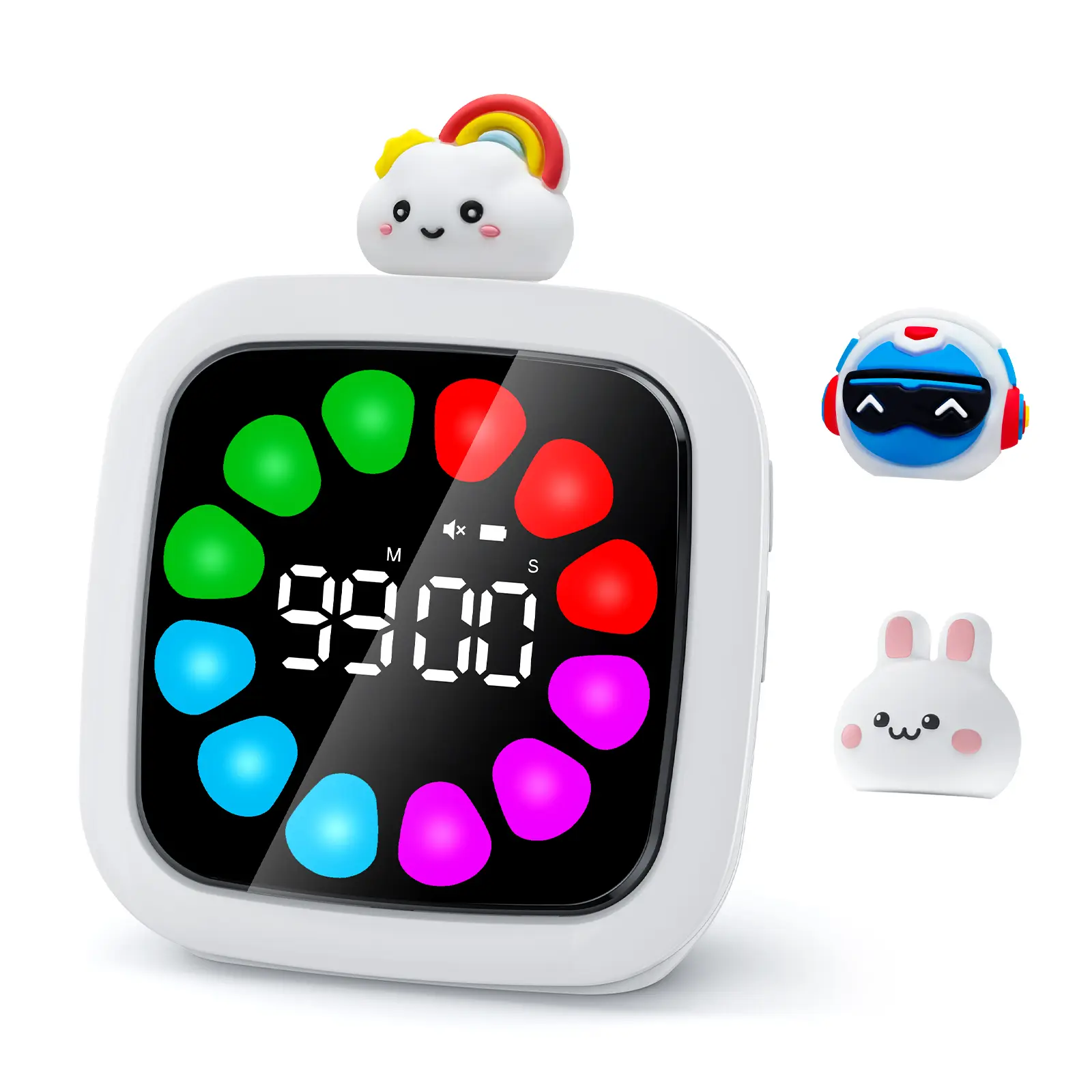 Yunbaoit Digital Visual Silent Timer for Kids - Rechargeable 99-Minute Countdown Clock, 19 Ringtones, 9 DIY Color Petal Display, Pause Function, Adjustments, Kitchen Utensils Set for Work/Sports/Study, Mother’s Day Gift Rainbow Doll Time Management Tool,