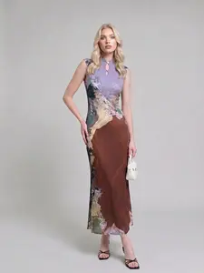 LikeMyChoice Maxi Dress Abstract Floral Print Sleeveless Mermaid Cheongsam Elegant Mandarin Collar Bodycon Long Dress for Party Date Night Asian Formal Womenswear