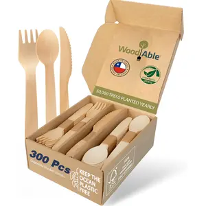 300 Pcs Disposable Utensils,100 Forks And Spoons,100 Knives—Disposable Utensils,Eco-Friendly Compostable Biodegradable Wooden Utensils, Plastic-Free Party Cutlery Set,Bamboo Utensils