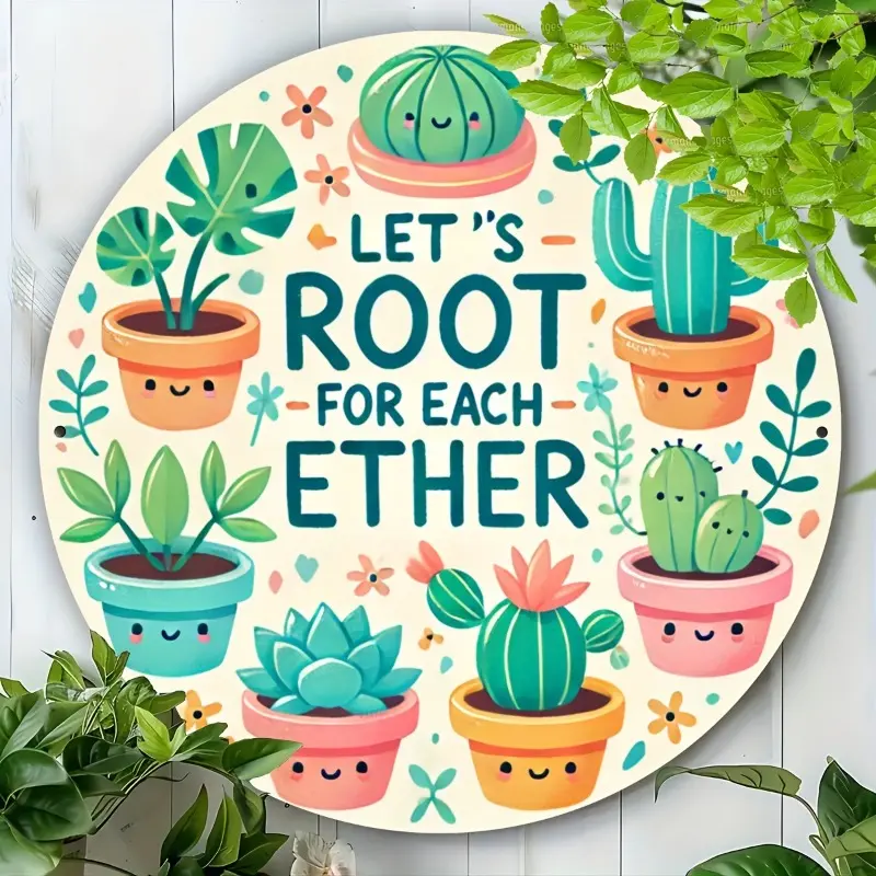 Let's Root for Each Other" Round Sign with Cactus Design - Durable, Easy-to-Hang Metal Wall Art for Home, Office, Classroom Decor - Vibrant Plant Illustrations, Inspirational Message, Home Decor, Perfect for Room Decor
