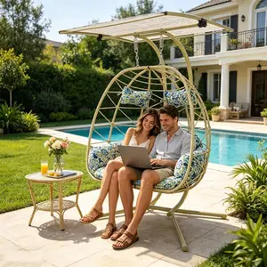 Bellemave 2-Person Powder-Coated Wicker Hanging Egg Chair with Adjustable Canopy, Stand, 600LBS Capacity & Cushion for Balcony, Garden, Powder-Coated Swing Chairs