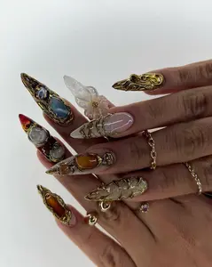 Galaxy Crystal Press On Nails | 3D Gemstone Rock Fake Nails | Gold Metal Accent Nail Art | Crystal Gemstone Press Ons | Luxury Nails