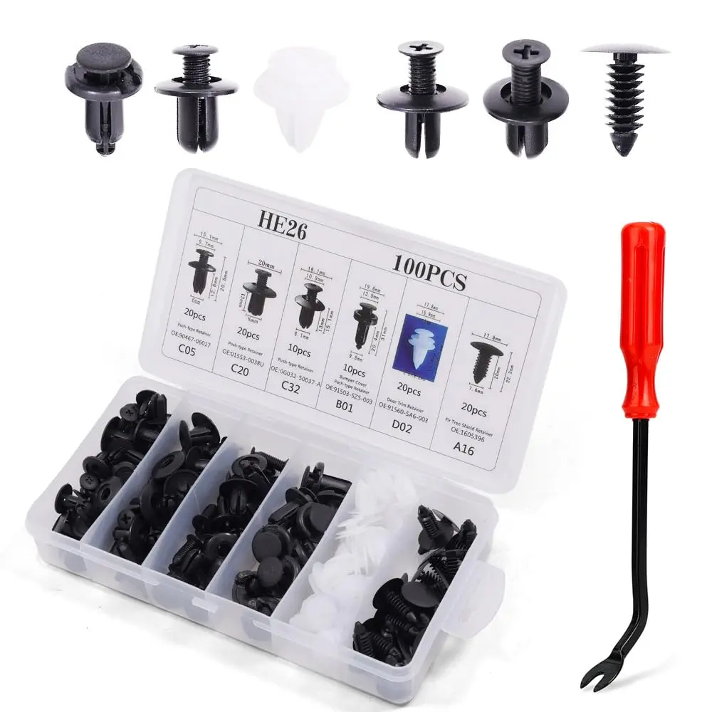 100-Piece Multi-Size Nylon Push-Type Retainer Kit, 6mm-10mm Universal Car Clips with 1 Fastener Remover, Easy-to-Replace OEM Replacement for Door Trim Panels & Fenders, Most Models Home Supplies Rivets Set, Bumper