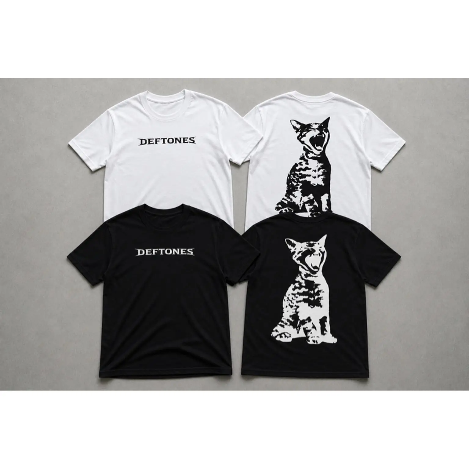 Deftones Brand T-Shirts - White & Black Options with Cat Print and Band Logo - Perfect for Music Fans
