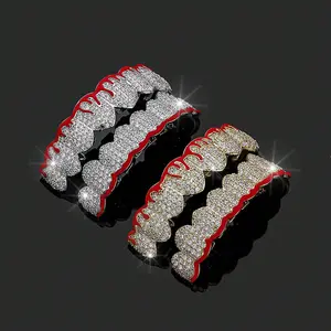 2pcs/ set Hip Hop Cubic Synthetic Zirconia Bleeding Teeth Grillz, Top Bottom 8 Adjustable Teeth Grillz, Halloween Cosplay Rapper Tooth Jewelry Oral