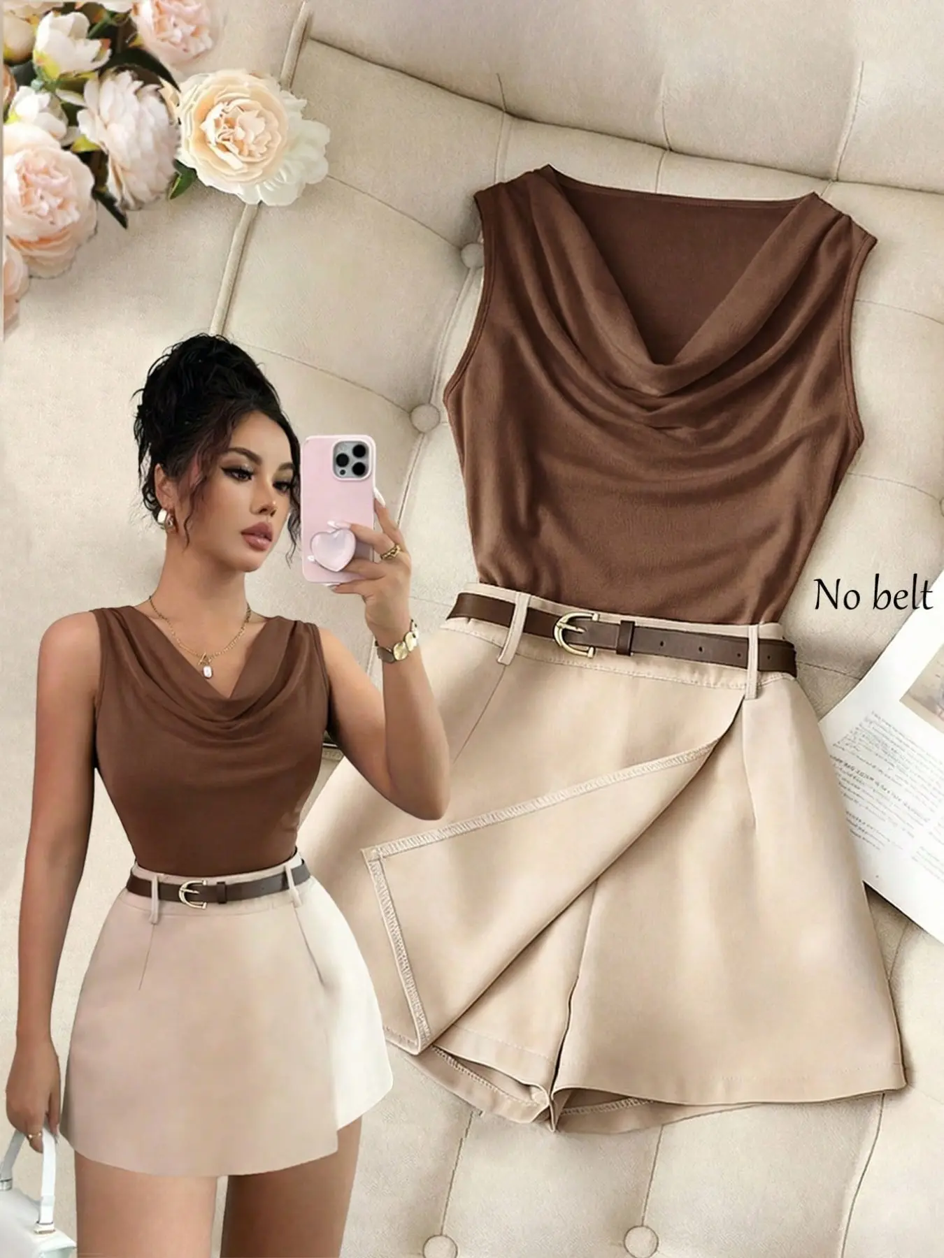 Sleeveless Bodysuit with Ruffle Neckline, Pair with Peach Wide-Leg Pants, Perfect for Daily Wear, Office, Dates, Spring Summer Fashion