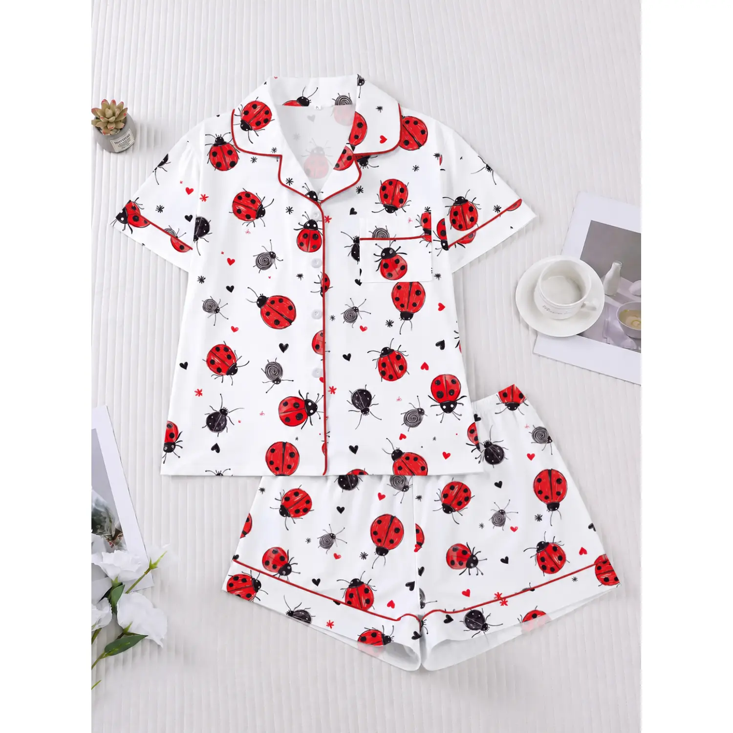 Women's Cartoon Print Pajama Set: Short Sleeve Button-Front Top & Elastic Waist Shorts, Stylish Sleepwear for Every Season