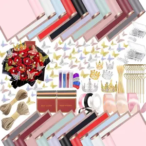 528 count Flower Wrapping Paper Kit 200 Sheets  Floral Wrapping Paper with 3D Butterfly Decor Crowns Bouquet Pins Ribbons, DIY Crafts for Mother's Day Valentines Graduation Birthday