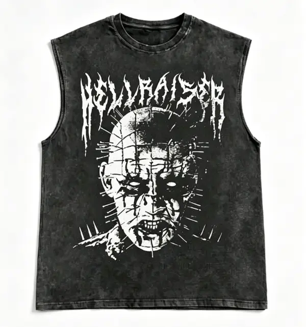 Menswear Thick Cotton Crew Neck Vintage Acid Wash Sleeveless Tee, Hellraiser Pinhead Classic Horror Graphic Vest, Nail Head Demon Distressed Print Death Metal Jagged Font Oversized Goth Punk Streetwear Gym Top