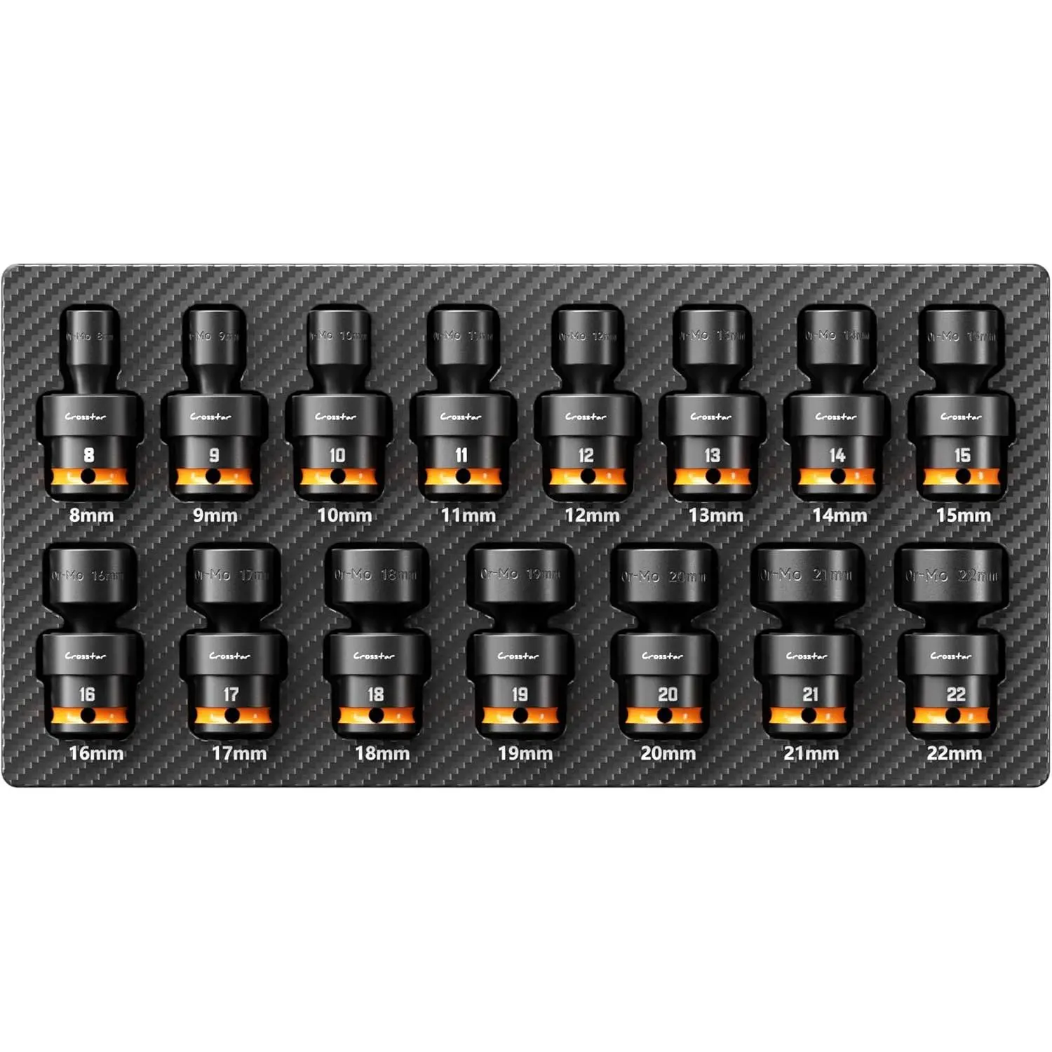 Crosstar 15pcs 3/8" Impact Ready Universal Drive Swivel Socket Wrench Set - CR-MO Steel Metric 6-Point, 8-22mm, EVA Foam Slots Organizer, 24° Max Inclination, Patented Flexible Design for Tight Spaces, HVAC Tasks, Ratchet Sets Compatible, Impact Sockets S
