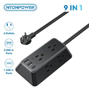 NTONPOWER 10FT Black Extension Cord, Power Strip with 6 Outlets & 3 USB Ports (1USB C), 3 Side Outlet Extender, Wall Mounted Extension Cord for Home Office Living Room